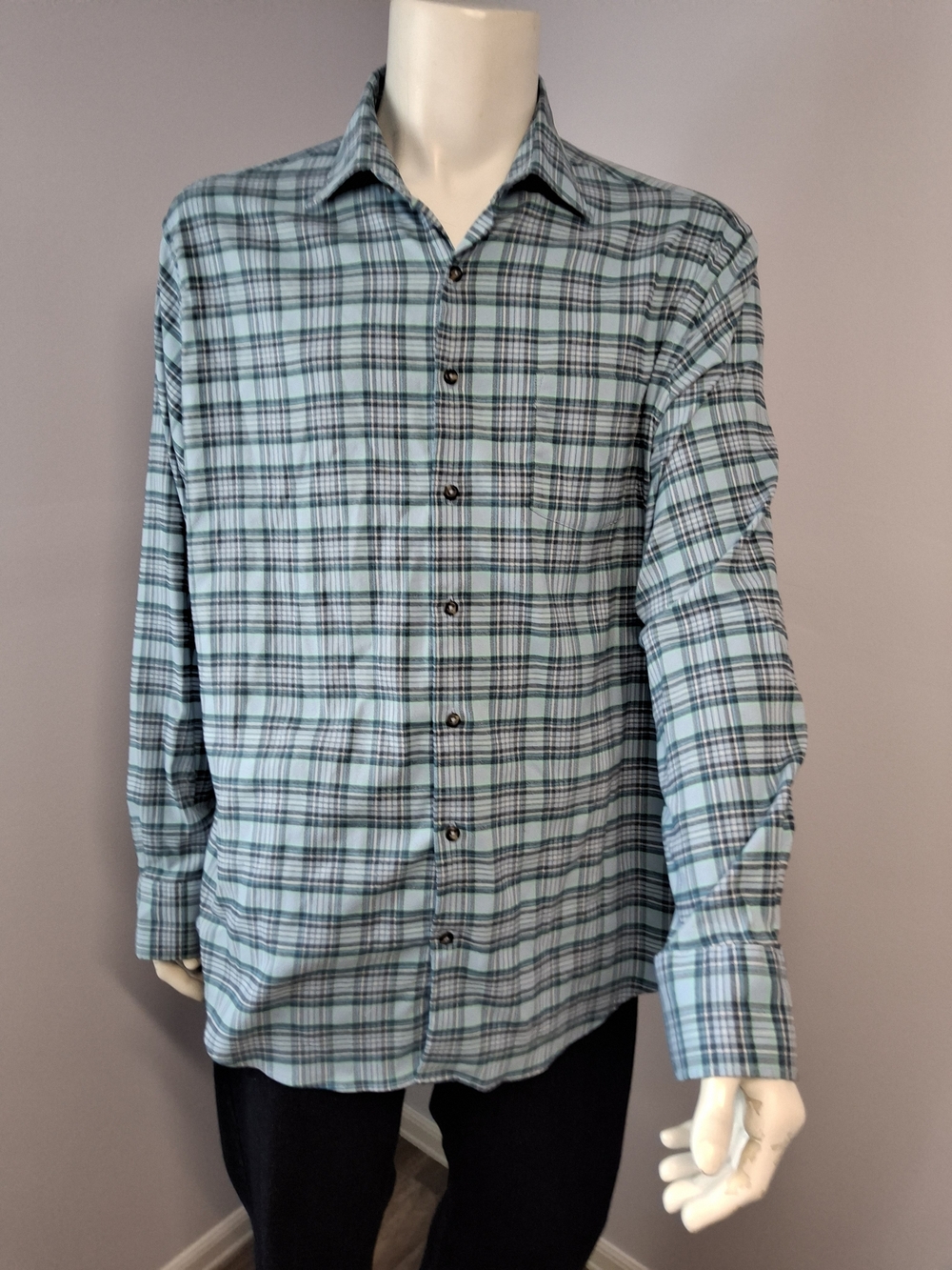Men's Blue White Green Plaid Woven Button-Up Long Sleeve Point Collar XL